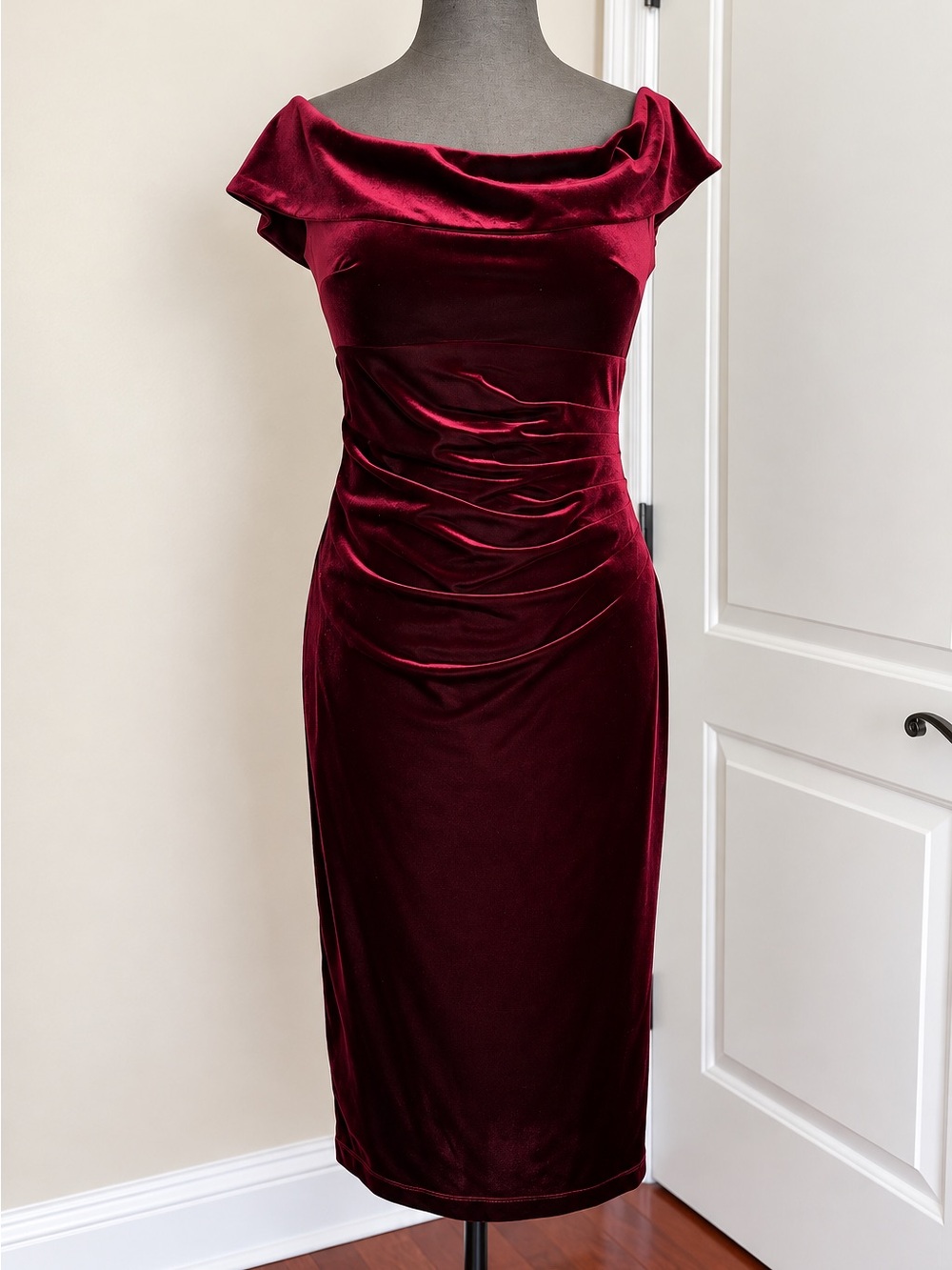 Xscape Off-Shoulder Velvet Dress in Burgundy